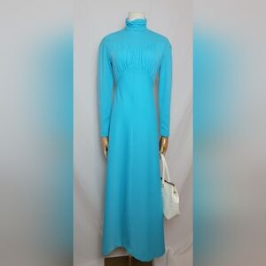 Vintage 1970s Tiffany Blue Long Sleeve Maxi Dress